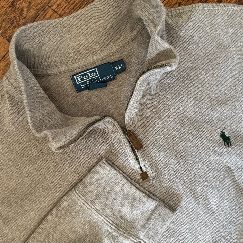 Polo Ralph Lauren Quarter Zip Sweater XXL Beige Cotton‎ Pullover Classic Logo